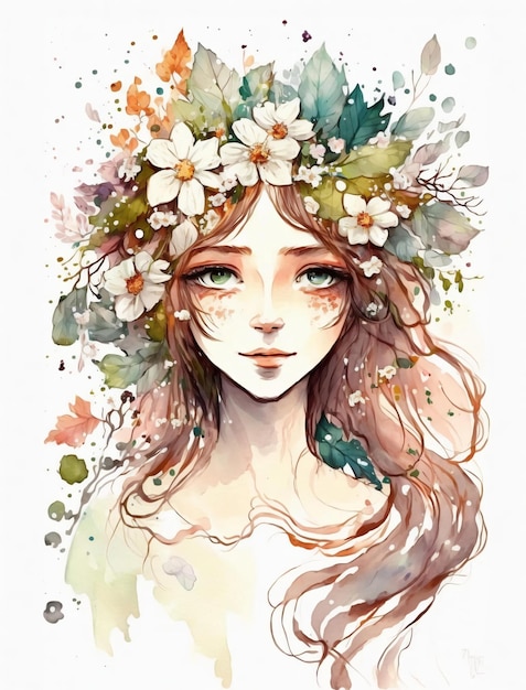 Uma pintura em aquarela de uma menina com flores na cabeça