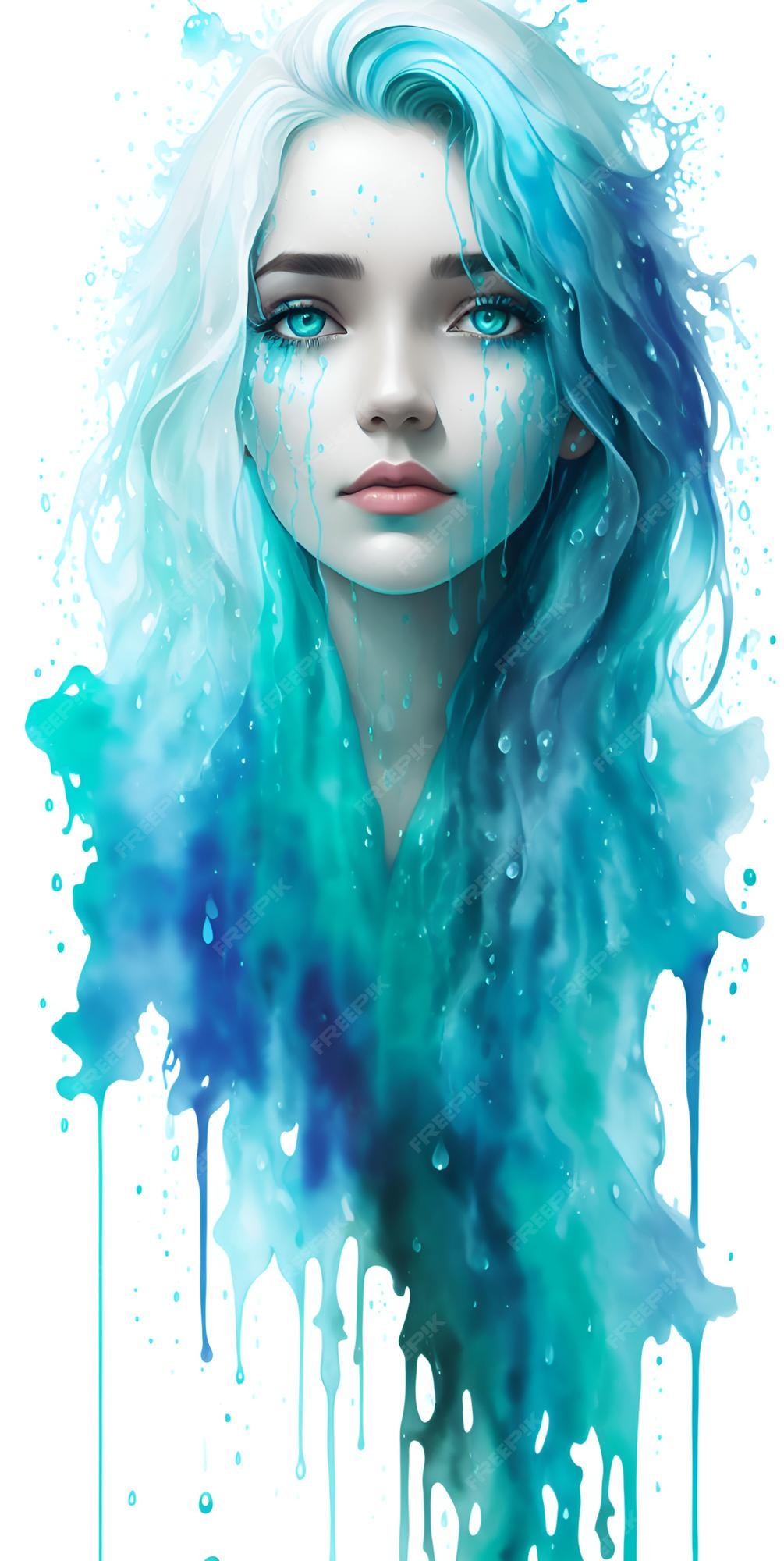 Uma ilustração em aquarela de uma garota com cabelo azul e uma