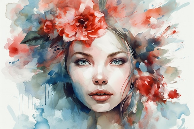 Uma pintura em aquarela de uma mulher com flores na cabeça