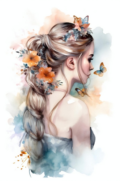 Uma pintura em aquarela de uma mulher com uma borboleta no cabelo
