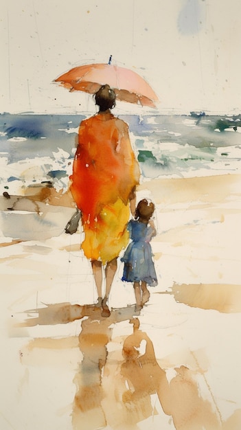 Uma pintura em aquarela de uma mulher e uma criança caminhando na praia.