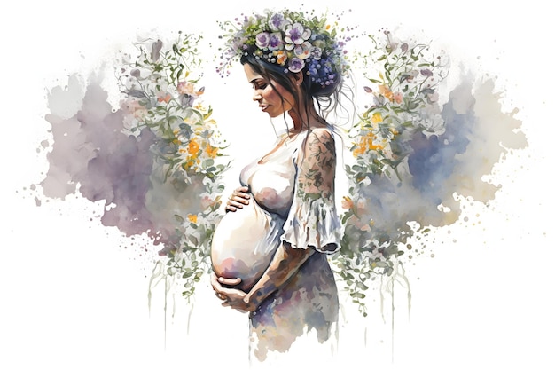 Uma pintura em aquarela de uma mulher grávida com uma coroa de flores na barriga.