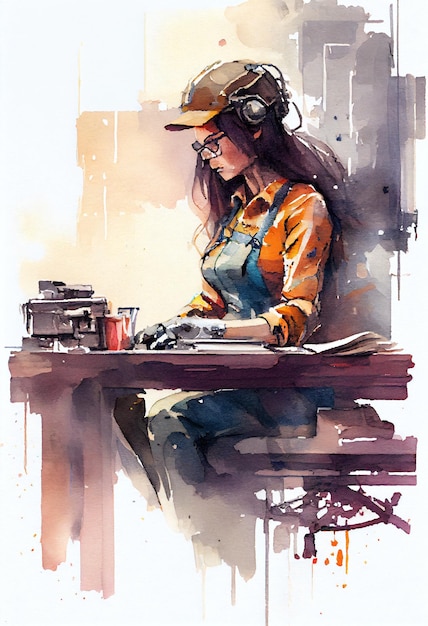 Uma pintura em aquarela de uma mulher trabalhando em uma máquina de escrever.