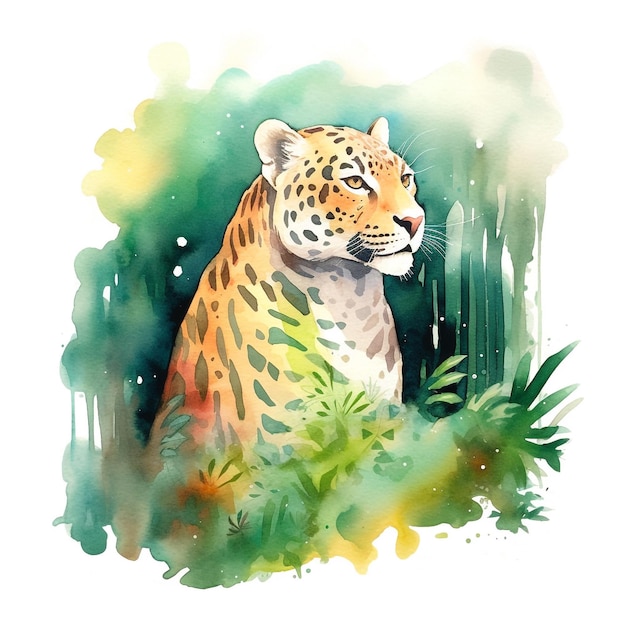 Uma pintura em aquarela de uma onça na selva