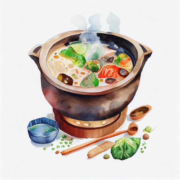 Uma pintura em aquarela de uma panela de sopa com uma colher e uma tigela de legumes.