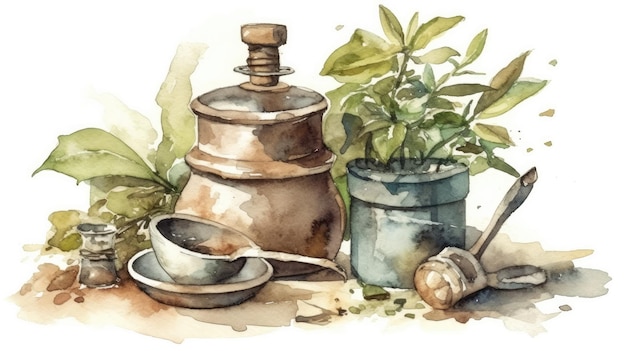 Uma pintura em aquarela de uma panela e uma planta