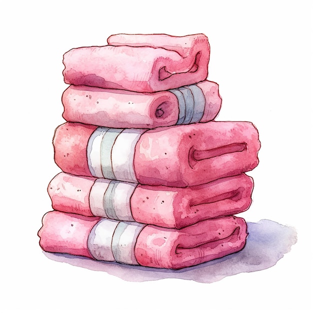 Uma pintura em aquarela de uma pilha de cobertores rosa.