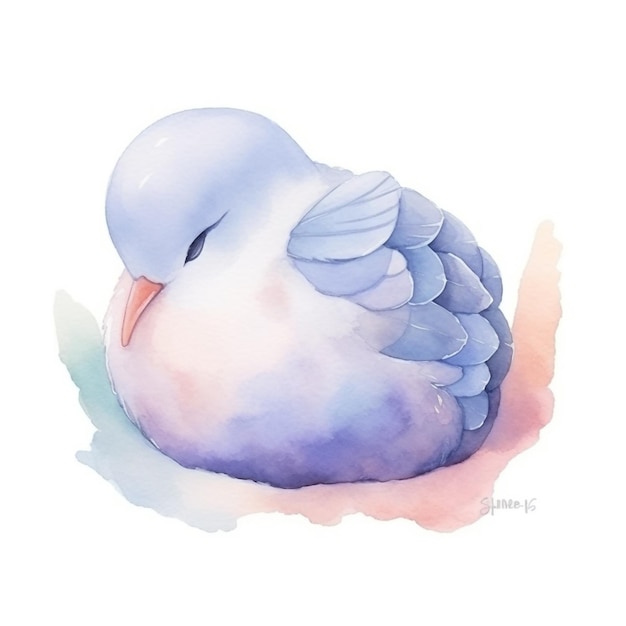 Uma pintura em aquarela de uma pomba branca com asas azuis.