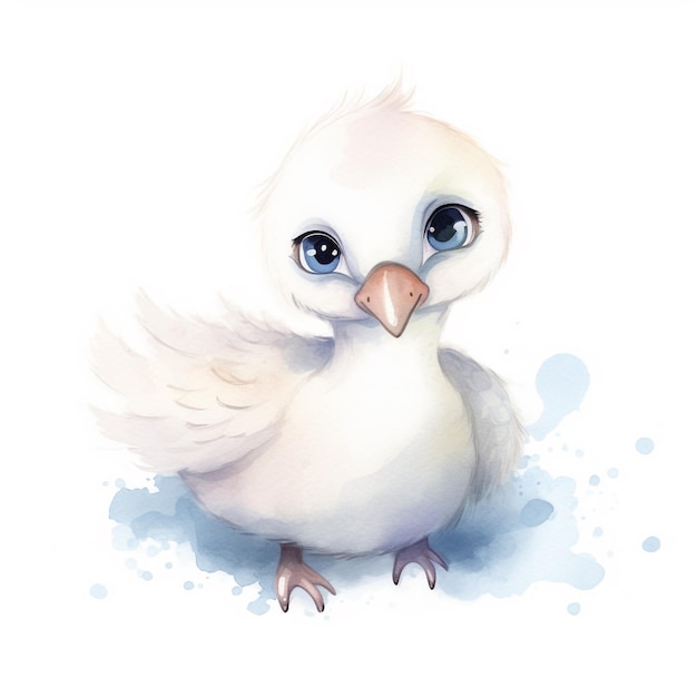 Uma pintura em aquarela de uma pomba branca com olhos azuis.
