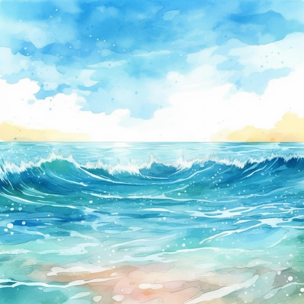 Uma pintura em aquarela de uma praia com um céu azul e ondas