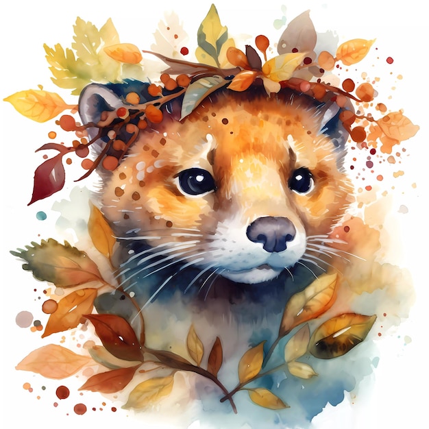 Uma pintura em aquarela de uma raposa com folhas e flores.