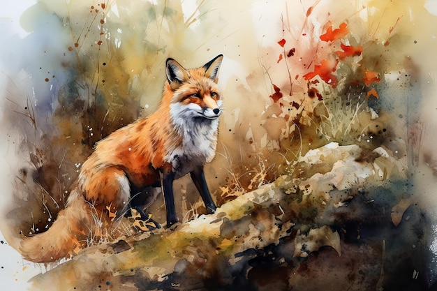 Uma pintura em aquarela de uma raposa