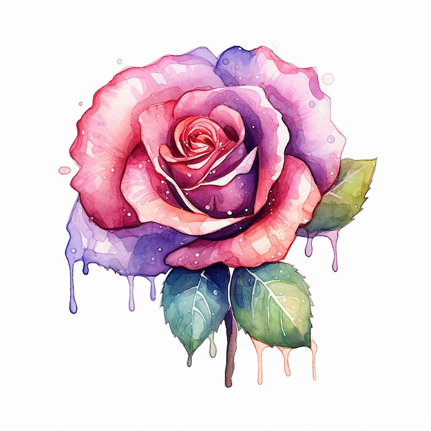 Uma pintura em aquarela de uma rosa com tinta pingando.