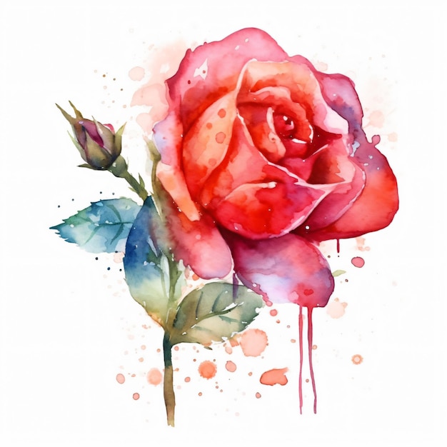 Uma pintura em aquarela de uma rosa vermelha com aquarelas.