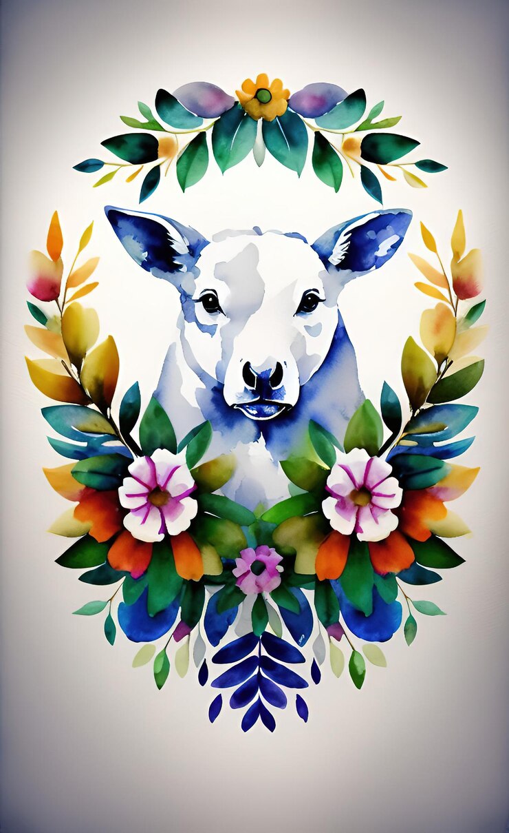 Foto uma pintura em aquarela de uma vaca com flores.