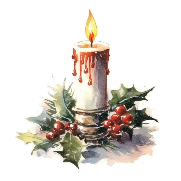 uma pintura em aquarela de uma vela com frutas e azevinho.