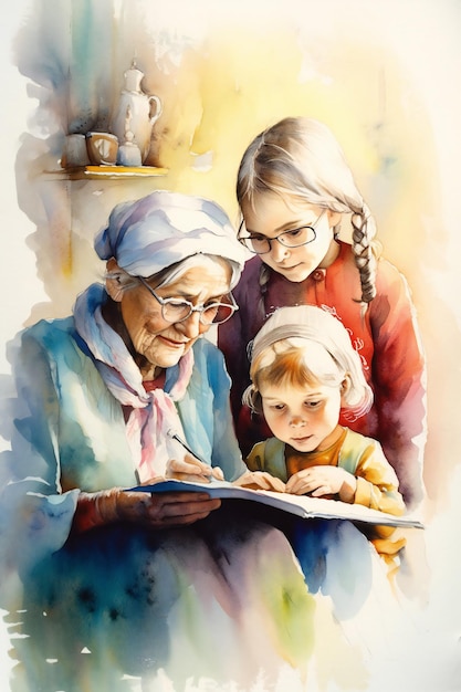 Uma pintura em aquarela de uma velha e uma criança lendo um livro.