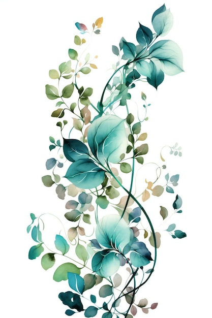 Uma pintura em aquarela de uma videira verde com flores azuis.