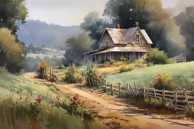 Uma pintura em aquarela de uma vila na ilustração de arte digital em tela