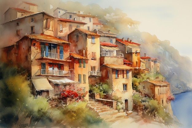 Uma pintura em aquarela de uma vila na Itália