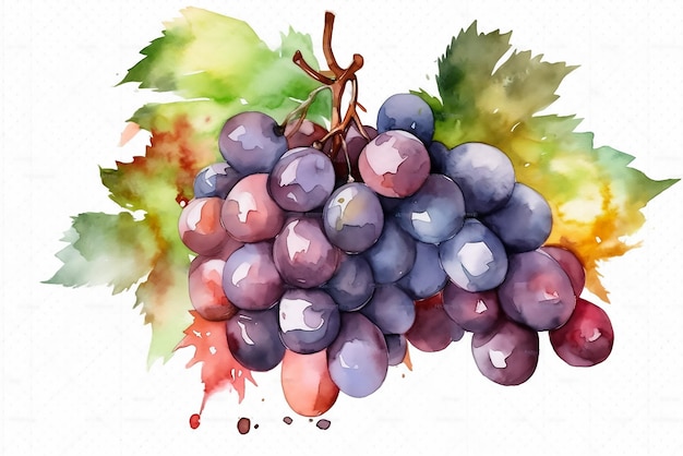 Uma pintura em aquarela de uvas com folhas