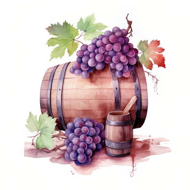 Uma pintura em aquarela de uvas e um barril