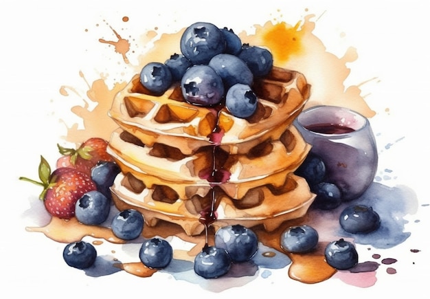 Uma pintura em aquarela de waffles e mirtilos.