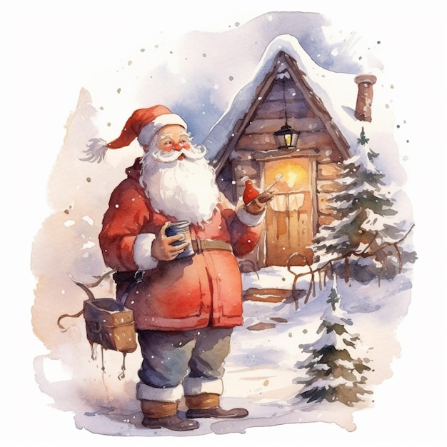 Uma pintura em aquarela do Papai Noel em pé na frente de uma casa com neve.