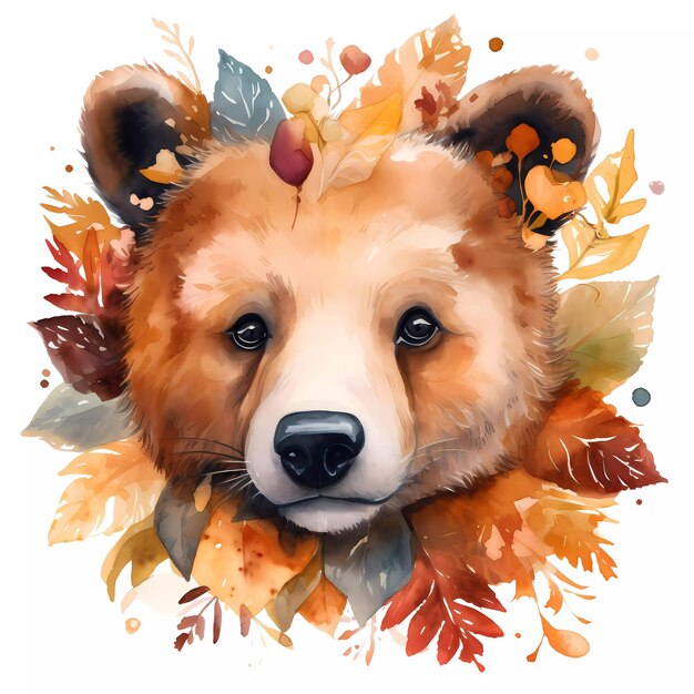 Uma pintura em aquarela do rosto de um urso com folhas.