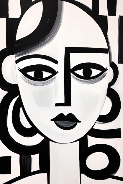 uma pintura em preto e branco de um rosto de mulher com um rosto preto e branco
