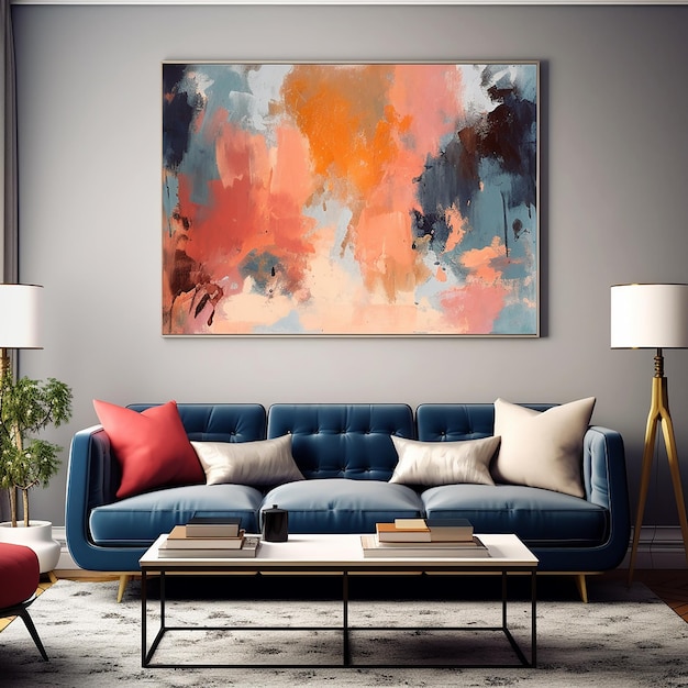Uma pintura está pendurada na parede acima de um sofá.