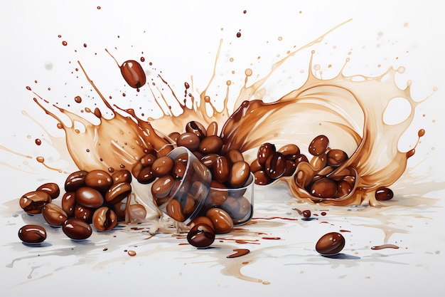 uma pintura estilo van gogh de grãos de café fluindo da esquerda para a direita no fundo branco