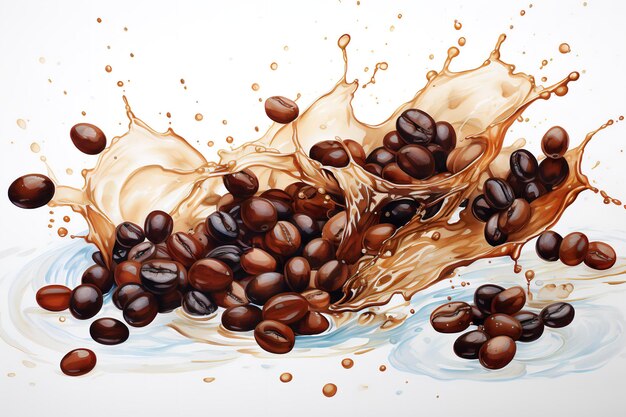 uma pintura estilo van gogh de grãos de café fluindo da esquerda para a direita no fundo branco