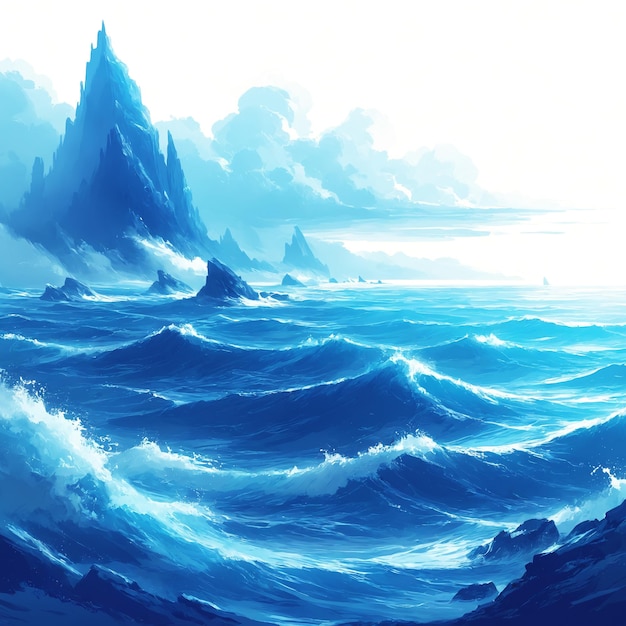 Foto uma pintura evocativa capturando a sublime conexão entre as ondas do oceano, as montanhas e os céus dramáticos.