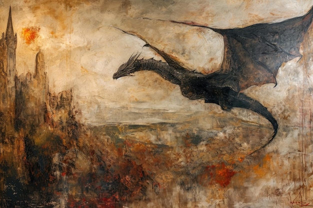 Uma pintura exibindo um poderoso dragão voando pelo céu acima de uma cidade movimentada uma representação mística de um dragão em voo sobre uma paisagem medieval AI gerada