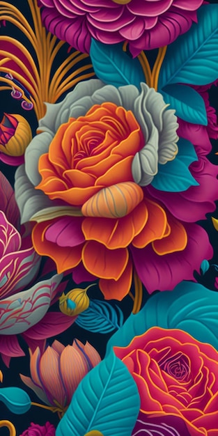 Uma pintura floral colorida com uma flor no meio.