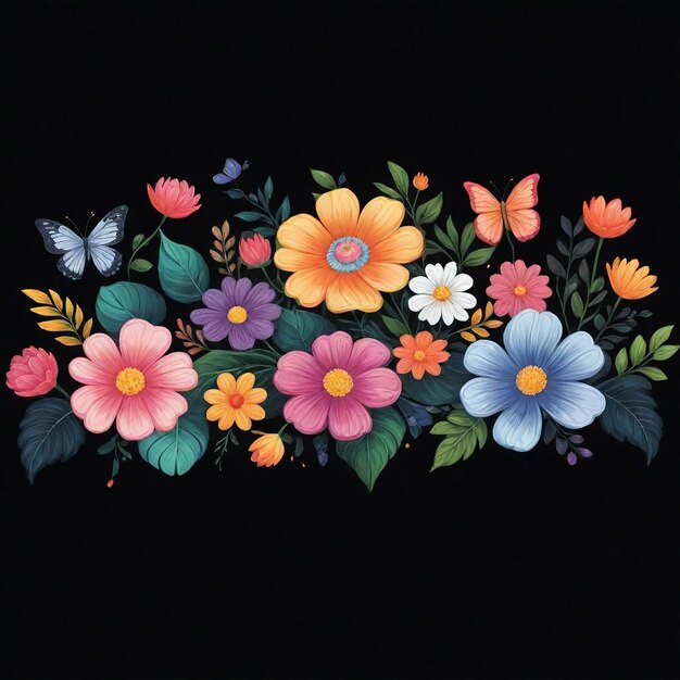 Foto uma pintura floral colorida de flores em um fundo preto