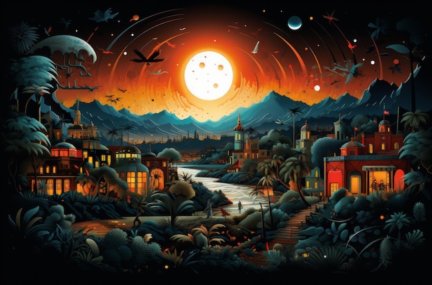 Uma pintura hipnotizante exibindo uma cena noturna serena iluminada por uma lua cheia radiante