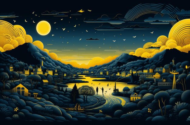 Uma pintura hipnotizante exibindo uma cena noturna serena iluminada por uma lua cheia radiante