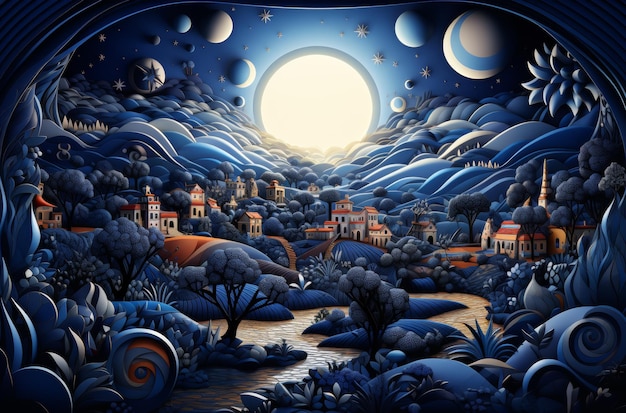 Uma pintura hipnotizante exibindo uma cena noturna serena iluminada por uma lua cheia radiante