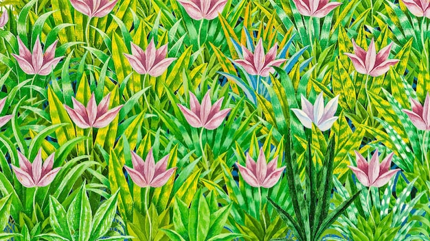 Uma pintura ilustrada de um campo de grama verde cheio de flores cor de rosa