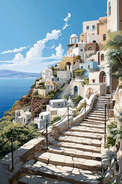 Uma pintura ilustrativa de uma casa em uma colina na ilha de Santorini