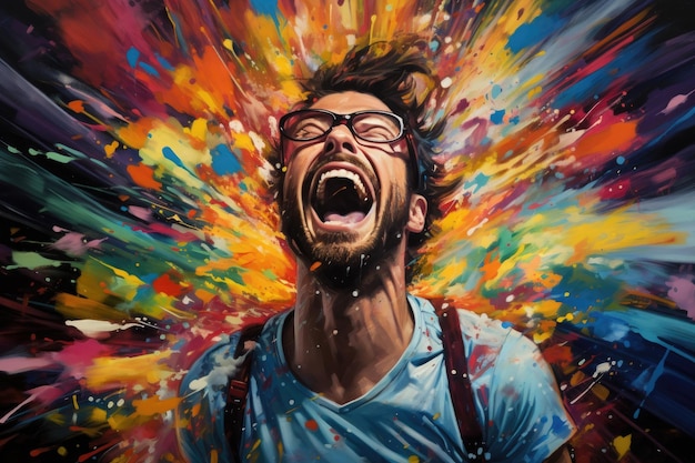 Foto uma pintura impressionante capturando o momento de um homem se expressando com a boca aberta, um homem em uma explosão de alegria colorida gerada pela ia.
