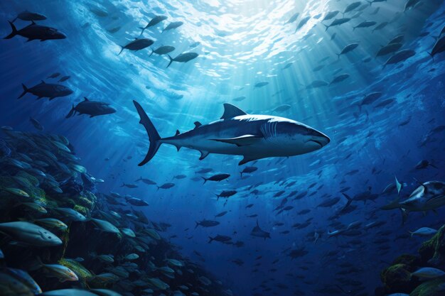 Uma pintura impressionante que captura a beleza de um tubarão a nadar graciosamente no vasto oceano, o mundo selvagem subaquático com atum, gerado por IA.
