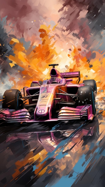 Uma pintura impressionista abstrata de um carro de Fórmula 1 correndo em uma pista Ceated com Generative AI