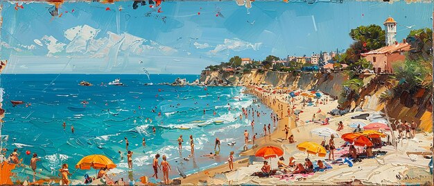 Foto uma pintura incrível de uma multidão de verão na praia multicolor