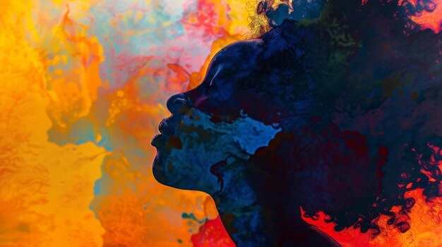 Uma pintura mostrando o rosto de uma mulher emergindo de fumaça multicolorida vibrante