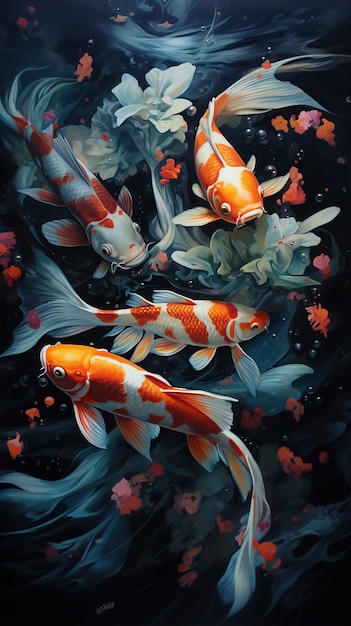Uma pintura mostrando os movimentos elegantes de vários peixes koi enquanto nadam e brincam na água