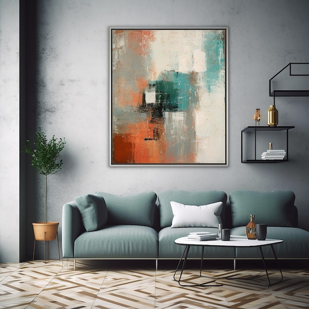 uma pintura na parede com um sofá e uma mesa de centro.