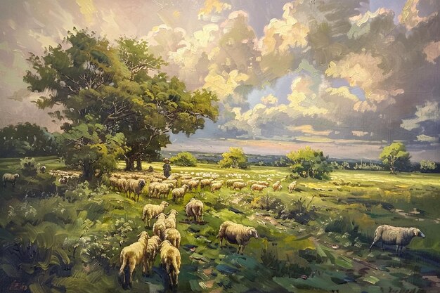 Uma pintura pastoral capturando a essência das ovelhas generativas ai